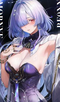 1girl absurdres alternate_breast_size_(larger) armpits blush breasts character_name cleavage colored_eyelashes commentary covered_navel dark_background earrings fingernails grey_hair hair_intakes hair_ornament hair_over_one_eye halo hand_up highres jewelry large_breasts long_hair looking_at_viewer mornye_(wuthering_waves) multiple_rings parted_lips re0n red_eyes revision ring solo sweat triangle_earrings upper_body wuthering_waves