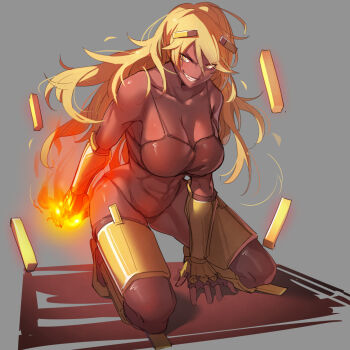 1girl arm_guards at2. bare_shoulders bikini blaze_(minecraft) blaze_rod blonde_hair breasts cleavage collarbone commentary dark-skinned_female dark_skin fire floating floating_object grey_background grin hair_ornament hand_on_floor kneeling large_breasts long_hair looking_at_viewer minecraft mob_talker personification shiny_clothes shiny_skin simple_background smile solo swimsuit symbol-only_commentary teeth toned yellow_eyes