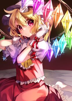 1girl arms_up ascot bed bed_sheet blonde_hair blush crystal flandre_scarlet frilled_neckwear frilled_shirt_collar frilled_skirt frilled_sleeves frills gloves hair_between_eyes hat hat_ribbon highres katayama_kei looking_at_viewer mob_cap o3o puffy_short_sleeves puffy_sleeves red_eyes red_ribbon red_skirt ribbon shine shirt short_hair short_sleeves side_ponytail sitting skirt solo sparkle touhou vampire wariza white_gloves white_shirt wings yellow_ascot