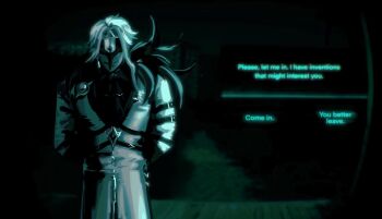 1boy analog_horror coat covered_eyes dark_background dottore_(genshin_impact) feathered_cape genshin_impact horror_(theme) long_coat mask no_i&#039;m_not_a_human snekoden video_game white_coat white_hair