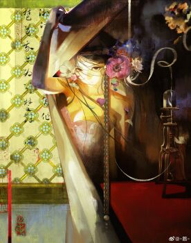 1girl absurdres arm_up bare_shoulders black_eyeliner black_gloves black_hair breasts chinese_commentary cleavage closed_mouth collarbone commentary_request curtain_grab curtains diamond_print dress elbow_gloves eyeliner fading falling_petals fingernails floating_hair flower gloves hair_between_eyes hair_flower hair_ornament hair_ribbon highres incense incense_burner indoors large_breasts light_smile long_fingernails long_hair looking_at_viewer makeup orange_eyes original pearl_hair_ornament petals pink_dress pink_flower pink_petals print_dress print_ribbon procreate_(medium) purple_flower red_flower ribbon sanpaku sbgpand sidelighting smoke smoke_trail solo strapless strapless_dress variant_set wallpaper_(object) watermark weibo_watermark white_flower