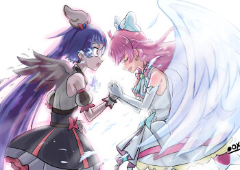 2girls ahoge angel_wings anime_coloring arm_bow bare_shoulders bird_wings black_ox_(0-max) black_ribbon black_skirt black_sleeves blue_bow blue_hair blue_ribbon blush bow bow_skirt bracelet braid brooch center_frills closed_eyes cowboy_shot cure_prism cure_sky cure_sky_(dark) dark_persona detached_sleeves dress dress_bow earrings elbow_gloves face-to-face feathered_wings feathers flaming_eye frilled_skirt frilled_sleeves frills from_side gloves grey_gloves grey_shirt grey_sleeves grey_wings hair_bobbles hair_bow hair_ornament half_up_half_down_braid heart heart_ahoge high-waist_skirt highres hirogaru_sky!_precure holding_hands jewelry lace lace-trimmed_skirt lace_trim long_hair looking_at_another miniskirt multicolored_hair multiple_braids multiple_girls neck_ribbon nijigaoka_mashiro open_mouth outline oversized_wings pale_skin petticoat pink_hair pink_outline plaid_bow pointy_nose precure puffy_short_sleeves puffy_sleeves red_eyes red_hair ribbon sad sad_smile shirt short_dress short_sleeves shoulder_blush signature simple_background skirt skirt_under_dress sleeveless sleeveless_dress sleeveless_shirt sora_harewataru sphere_earrings standing streaked_hair surprised two-tone_hair two-tone_sleeves very_long_hair white_background white_bow white_dress white_gloves white_skirt white_wings wide-eyed wing_hair_ornament wings yuri