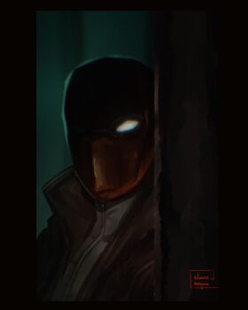 1boy admiral_morgana batman_(series) bodysuit brown_jacket commentary dc_comics english_commentary grey_bodysuit highres jacket jason_todd male_focus mask muscular muscular_male open_clothes red_hood_(dc) red_mask signature superhero_costume taut_bodysuit western_comics_(style)