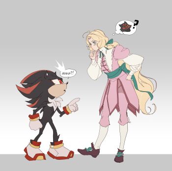 1boy 1girl ? absurdres black_fur black_hair blonde_hair blue_eyes cass-a-rollie castlevania:_nocturne castlevania_(series) closed_mouth commentary crossover dress english_commentary english_text gradient_background highres maria_renard name_connection open_mouth pink_dress pointing pointing_at_another ponytail red_eyes red_fur shadow_the_hedgehog simple_background sonic_(series) speech_bubble thighhighs thinking thought_bubble white_fur white_thighhighs