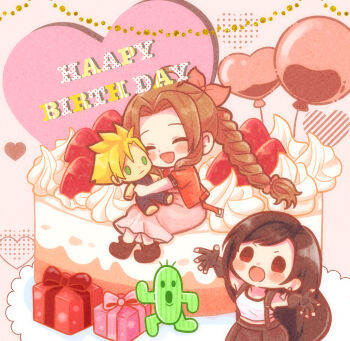 Rule 34 | 2girls, aerith gainsborough, balloon, birthday cake, black bra, black gloves, black skirt, blonde hair, blush, boots, box, bra, braid, braided ponytail, brown boots, brown hair, cake, character doll, cloud strife, commentary request, doll, dress, earrings, final fantasy, final fantasy vii, final fantasy vii remake, fingerless gloves, food, fruit, gift, gift box, gloves, green eyes, hair ribbon, happy birthday, highres, iris illust r, jacket, jewelry, long dress, long hair, midriff, multiple girls, open mouth, parted bangs, pink dress, pink ribbon, red eyes, red jacket, ribbon, sabotender, shirt, short sleeves, sidelocks, single braid, sitting, skirt, smile, spiked hair, sports bra, strawberry, suspenders, tifa lockhart, typo, underwear, white shirt