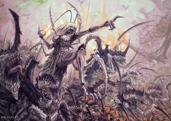 1girl antenna_hair arthropod_girl arthropod_limbs artist_name baloolax black_sclera blurry blurry_background brick bricky bug cockroach cockroach_girl colored_sclera extra_teeth fangs hand_up highres horns insect long_hair long_tongue mandibles matara_kan monster monster_girl multicolored_eyes open_mouth pelvic_curtain pointing rubble sharp_teeth single_horn skull slit_pupils teeth tongue torn_clothes two-tone_eyes tyranid very_long_hair virtual_youtuber vshojo warhammer_40k white_hair