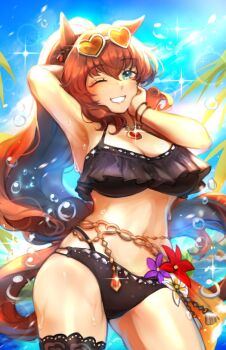 1girl animal_ears armpits arms_up bikini black_bikini blue_sky blush bracelet breasts brown-tinted_eyewear brown_hair cleavage cloud ear_ornament eyewear_on_head flower frilled_bikini frilled_thigh_strap frills grin heart heart-shaped_eyewear highres horse_ears horse_girl horse_tail jewelry large_breasts long_hair looking_at_viewer martypcsr maruzensky_(hot_summer_night)_(umamusume) maruzensky_(umamusume) navel necklace ocean official_alternate_costume one_eye_closed open_mouth orange-tinted_eyewear outdoors palm_leaf palm_tree ponytail sky smile solo stomach sunglasses swimsuit tail thigh_strap tinted_eyewear tree umamusume water wet white-framed_eyewear