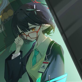 1girl absurdres adjusting_eyewear aqua_necktie armband ayane_(blue_archive) black_hair black_jacket blue_archive blush chalkboard flower from_side hair_flower hair_ornament highres id_card jacket long_sleeves looking_at_viewer necktie pincushion pointy_ears red-framed_eyewear school_uniform shirt short_hair shuishi_tidu solo sweater white_shirt yellow_eyes yellow_sweater