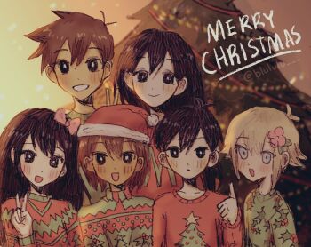 2girls 4boys aged_down alternate_costume antenna_hair aubrey_(faraway)_(omori) aubrey_(omori) basil_(faraway)_(omori) basil_(omori) black_eyes black_hair blonde_hair blue_eyes blurry blurry_background blush bow bright_pupils brother_and_sister brothers brown_hair christmas_sweater christmas_tree closed_mouth dark-skinned_male dark_skin double-parted_bangs expressionless flower green_sweater hair_between_eyes hair_bow hair_flower hair_ornament hat hero_(faraway)_(omori) hero_(omori) highres kel_(faraway)_(omori) kel_(omori) long_hair long_sleeves looking_at_viewer lulu_(blululu) mari_(faraway)_(omori) mari_(omori) merry_christmas multicolored_sweater multiple_boys multiple_girls omori open_mouth pink_bow red_hat red_sweater santa_hat short_hair siblings sidelocks smile sunny_(omori) sweater thumbs_up twitter_username v white_pupils