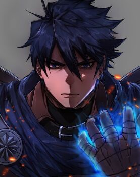 1boy armor black_hair blue_eyes brown_jacket closed_mouth fisting grey_background hand_up highres jacket looking_at_viewer messy_hair park_jeongsu serious simple_background solo the_warrior_returns