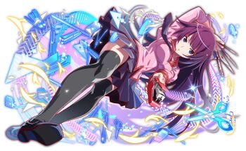 1girl arm_up bakemonogatari between_fingers black_footwear black_thighhighs blue_background blue_eyes boxcutter breasts cel_shading crash_fever dutch_angle eraser foreshortening from_below full_body game_cg holding impossible_clothes impossible_shirt juliet_sleeves legs long_hair long_sleeves looking_at_viewer medium_breasts miniskirt monogatari_(series) nail_polish naoetsu_high_school_uniform necktie official_art outline pen pencil pink_shirt pleated_skirt puffy_sleeves purple_hair purple_necktie purple_skirt red_outline ruler school_uniform scissors senjougahara_hitagi set_square shiny_skin shirt shoe_soles sidelocks sideways skirt solo stapler stationery tachi-e thighhighs thighs transparent_background