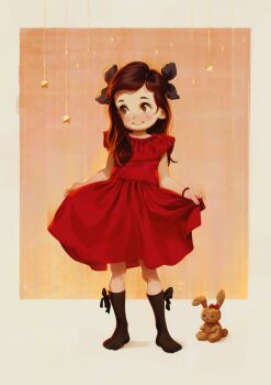 1girl 2024 20s alkemanubis black_bow black_ribbon black_socks blush blush_stickers bow bow_legwear bracelet brown_eyes brown_hair christmas clothes_lift dress dress_lift hair_ribbon jewelry kneehighs long_hair looking_to_the_side orange_background original red_dress ribbon sleeveless sleeveless_dress smile socks sparkle standing star_(symbol) stuffed_animal stuffed_rabbit stuffed_toy