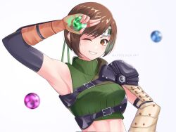 Rule 34 | 1girl, arm up, armor, armpits, blurry, blurry background, blush, breasts, brown eyes, brown gloves, brown hair, commentary, corrupted twitter file, cropped shirt, elbow gloves, english commentary, eyelashes, final fantasy, final fantasy vii, fingerless gloves, gloves, green shirt, grey background, headband, highres, holding, looking at viewer, master sick art, materia, one eye closed, parted bangs, ribbed shirt, salute, shirt, short hair, shoulder armor, sidelocks, simple background, single bare shoulder, sleeveless, sleeveless shirt, small breasts, smile, solo, swept bangs, teeth, two-finger salute, upper body, yuffie kisaragi