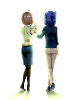 Rule 34 | 2girls, a-chan (hololive), ahoge, backlighting, black jacket, black skirt, blue hair, bow, brown hair, brown pants, brown pantyhose, commentary request, from behind, green sweater, hair bow, harusaki nodoka, harusaki nodoka (1st costume), high heels, highres, holding, hololive, jacket, lanyard, makishima rin, medium skirt, multiple girls, pants, pantyhose, short hair, skirt, sweater, tears, unworn lanyard, virtual graduation commemoration, virtual youtuber, wiping tears