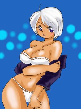 1girl angel_(kof) ayukawa88kawa blue_eyes breasts cameltoe curvy female_focus huge_breasts large_breasts looking_at_viewer open_mouth panties pussy short_hair tan the_king_of_fighters thick_thighs thighs underwear undressing white_hair white_panties wide_hips
