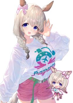 1girl :d absurdres animal_ears blush bow braid breasts character_request chibi chibi_inset clothes_writing commentary_request commission copyright_request cowboy_shot crossed_bangs ear_bow grey_hair hand_up highres horse_ears horse_girl long_sleeves looking_at_viewer medium_breasts medium_hair multiple_views okubatomaeba open_mouth parted_bangs pink_bow pink_shorts shirt shorts simple_background smile twin_braids white_background white_shirt