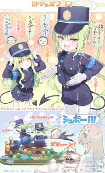 1boy 3girls :d belt black_belt black_hat black_jacket black_shorts blue_archive blush brown_hair commentary_request cup doodle_sensei_(blue_archive) earrings fang gloves green_halo halo hands_up hat highres hikari_(blue_archive) holding holding_cup jacket jewelry long_hair looking_at_viewer multiple_girls nagisa_(blue_archive) nozomi_(blue_archive) open_mouth pantyhose pointy_ears sensei_(blue_archive) shorts siblings sidelocks sisters skin_fang smile speech_bubble standing suga_masashi teacup train translation_request twins twintails twitter_username white_gloves white_pantyhose yellow_eyes