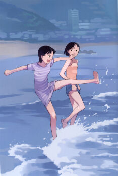 2girls absurdres barefoot beach black_eyes black_hair day feet flat_chest happy highres kicking multiple_girls ocean short_hair takamichi water