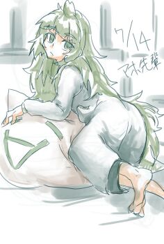 1girl barefoot blunt_bangs commentary_request from_side green_eyes green_hair hiyajou_maho long_hair long_sleeves looking_at_viewer messy_hair on_pillow sadarann science_adventure shirt solo steins;gate steins;gate_0 thick_eyebrows very_long_hair