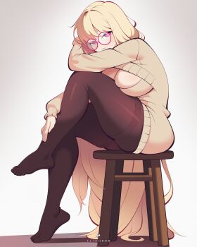 1girl artist_name black_pantyhose blonde_hair breasts cleavage_cutout clothing_cutout commentary english_commentary flipherrrr full_body half-closed_eyes highres large_breasts long_hair looking_at_viewer original pantyhose pink-framed_eyewear pink_eyes sitting skin_tight solo stool sweater thick_thighs thighs very_long_hair