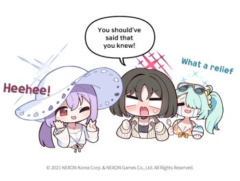 3girls aqua_hair atsuko_(blue_archive) atsuko_(swimsuit)_(blue_archive) bikini blue_archive breasts chibi choker cleavage closed_eyes commentary cropped_torso crying donmin_h english_commentary english_text eyewear_on_head flower food front-tie_bikini_top front-tie_top hair_between_eyes hair_flower hair_ornament hands_up hat hiyori_(blue_archive) hiyori_(swimsuit)_(blue_archive) holding holding_spoon long_hair medium_hair misaki_(blue_archive) misaki_(swimsuit)_(blue_archive) multiple_girls no_nose official_art one_eye_closed open_mouth orange_bikini purple_hair speech_bubble spoon streaming_tears sun_hat sunglasses swimsuit tears tongue tongue_out v v-shaped_eyebrows