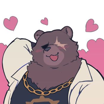 1boy ben_bigger black_tank_top blush brown_fur chain chain_necklace chibi commentary english_commentary furry furry_male heart highres jacket jewelry looking_at_viewer male_focus necklace open_mouth scar scar_across_eye scar_on_face smile starbuchi tank_top white_jacket zenless_zone_zero