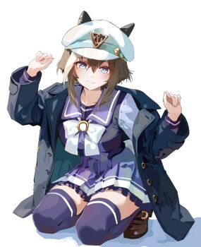 Rule 34 | 1girl, absurdres, animal ears, black coat, blue eyes, blush, bow, bowtie, breasts, bright pupils, brown hair, cheval grand (umamusume), closed mouth, coat, commentary request, frilled skirt, frills, hair between eyes, hands up, hat, highres, horse ears, horse girl, horse tail, horseshoe ornament, kneeling, large breasts, loafers, looking at viewer, multicolored hair, open clothes, open coat, peaked cap, pleated skirt, purple sailor collar, purple shirt, purple skirt, purple thighhighs, sailor collar, sailor shirt, school uniform, shirt, shoes, short hair, short hair with long locks, sidelocks, simple background, skirt, smile, solo, streaked hair, tail, thighhighs, thighs, tracen school uniform, umamusume, white background, white bow, white bowtie, white hair, white hat, white pupils, white streaks, yoojp, zettai ryouiki