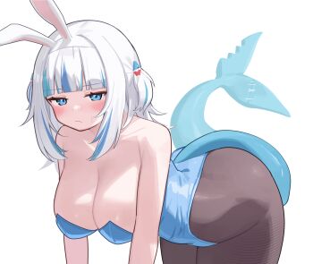 1girl alternate_breast_size_(larger) animal_ears bare_shoulders bent_over blue_eyes blue_hair blue_leotard blunt_bangs blush breasts cleavage commentary deaver fake_animal_ears fins fish_tail gawr_gura highres hololive hololive_english large_breasts leotard long_hair looking_at_viewer multicolored_hair pantyhose rabbit_ears shark_tail simple_background solo strapless strapless_leotard streaked_hair tail virtual_youtuber white_background white_hair