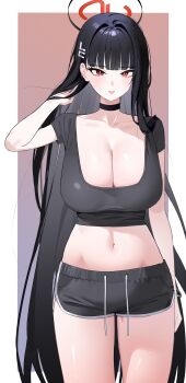1girl absurdres alternate_costume arm_at_side black_choker black_hair black_halo black_shirt black_shorts blue_archive blunt_bangs blush border breasts bright_pupils brown_background choker cleavage collarbone commentary cowboy_shot crop_top dolphin_shorts drawstring ear_piercing gradient_background hair_behind_ear hair_lift hair_ornament hairclip halo hand_up highres korean_commentary large_breasts light_smile long_hair looking_at_viewer midriff navel outside_border parted_lips piercing purple_background red_eyes rio_(blue_archive) seueo shirt short_shorts short_sleeves shorts solo standing stomach two-tone_background very_long_hair white_border white_pupils