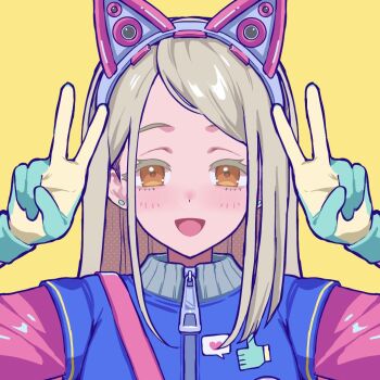 1girl :d animal_ear_hairband animal_ears blonde_hair blue_jacket blush cat_ear_hairband cat_ears colored_eyelashes commentary_request double_v earrings fake_animal_ears gakuen_idolmaster gloves green_gloves hairband hands_up idolmaster jacket jewelry layered_sleeves long_sleeves looking_at_viewer miracle_na_now!_(idolmaster) multicolored_jacket open_mouth orange_eyes pink_jacket rana5_1052 shinosawa_hiro short_over_long_sleeves short_sleeves simple_background smile solo strap stud_earrings swept_bangs upper_body v yellow_background zipper