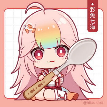 1girl ;d blue_hair boots border chibi copyright_request fish_hair_ornament full_body gradient_hair grid_background hair_ornament hitsuki_rei holding holding_spoon long_sleeves looking_at_viewer multicolored_hair one_eye_closed open_mouth orange_hair pink_border pink_hair red_eyes red_sailor_collar red_shorts sailor_collar shirt shorts sitting smile socks solo spoon translation_request twitter_username virtual_youtuber wariza white_background white_boots white_shirt white_socks wide_sleeves
