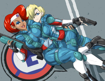 2girls adventures_of_sonic_the_hedgehog ass_grab asymmetrical_docking blonde_hair blue_eyes body_armor boots breast_press breasts dark-skinned_female dark_skin eric_toner eyeshadow freckles gloves gun hair_over_one_eye handgun headband katella_the_huntress knee_pads large_breasts lipstick looking_at_viewer lying madonna_garnet makeup multiple_girls on_back pale_skin partially_fingerless_gloves pistol red_hair shotgun shoulder_pads smile sonic_(series) sonic_the_hedgehog_(archie_comics) suspenders weapon