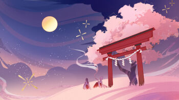 2girls absurdres animal_ears architecture astruma2 brown_hair cherry_blossoms closed_mouth cloud cloudy_sky commentary east_asian_architecture english_commentary faceless faceless_female fox_ears fox_girl fox_tail bad_tag from_behind from_side full_moon genshin_impact grass highres japanese_clothes kimono kitsune_saiguu light_smile moon multiple_girls night no_eyes on_grass outdoors short_hair sitting sky smoke smoke_trail smoking_pipe star_(sky) starry_sky tail tree white_hair