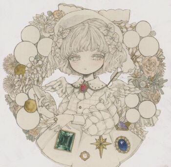 1girl acrylic_paint_(medium) angel_wings blunt_bangs blush bouquet bow brooch chrysanthemum closed_mouth commentary_request dress expressionless flower gem hair_bow half-closed_eyes hat highres jewelry karintoun long_sleeves looking_at_viewer original painting_(medium) pale_skin pastel_colors puffy_long_sleeves puffy_sleeves ring rose short_hair signature simple_background solo standing star_(symbol) traditional_media upper_body watercolor_(medium) wavy_hair white_background white_dress wings wreath