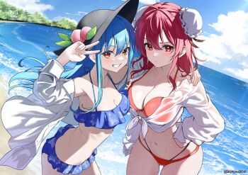 2girls arm_around_shoulder beach bikini black_hat blue_hair blue_sky blurry blurry_background blush breasts bun_cover cleavage closed_mouth cloud cloudy_sky commentary_request day depth_of_field double_bun frilled_bikini frills front-tie_top frown grin hair_bun hand_on_own_hip hat highres hinanawi_tenshi horizon ibaraki_kasen long_hair long_sleeves looking_at_viewer medium_breasts medium_hair multi-strapped_bikini_bottom multiple_girls ocean open_clothes open_shirt outdoors partial_commentary peach_hat_ornament pink_hair red_bikini red_eyes shirt sky small_breasts smile standing swimsuit touhou twitter_username v v_over_eye wet white_shirt wind yoshinatsu