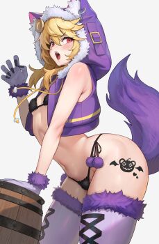 1boy absurdres animal_ear_hood bikini black_bikini blonde_hair bridget_(guilty_gear) commentary_request fake_animal_ears grey_background guilty_gear guilty_gear_strive hakusyokuto halloween highres hood jacket looking_at_viewer male_focus open_mouth purple_jacket purple_thighhighs swimsuit thighhighs trap