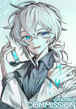 1boy abstract_background blue_eyes collared_shirt glowing glowing_eye hair_over_one_eye head_tilt highres holding holding_syringe kamika lab_coat lineart liquid long_sleeves looking_at_viewer male_focus medium_hair messy_hair open_collar original parted_bangs ponytail portrait shirt short_ponytail sidelocks simple_background sketch smirk solo_focus syringe upper_body white_hair