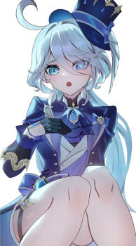 1girl ahoge ascot blue_eyes blue_hair blue_hat blue_jacket blush furina_(genshin_impact) genshin_impact gloves hair_between_eyes hat heterochromia jacket long_hair long_sleeves looking_at_viewer multicolored_hair open_mouth pontaro2 smile solo streaked_hair symbol-shaped_pupils top_hat white_hair