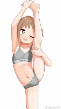1girl ;d arm_up armpits artist_name bare_arms bare_legs barefoot bra brown_hair clothes_writing collarbone colored_inner_hair commentary diamond-shaped_pupils diamond_(shape) fang flat_chest flexible green_eyes grey_bra grey_panties hand_on_own_foot hand_on_own_leg happyundergate highres kneepits leg_up light_blush loli multicolored_hair navel oka_asahi one_eye_closed onii-chan_wa_oshimai! open_mouth orange_hair panties short_hair simple_background skin_fang smile solo split standing standing_on_one_leg standing_split stomach symbol-shaped_pupils twitter_username two-tone_hair two_side_up underwear underwear_only white_background