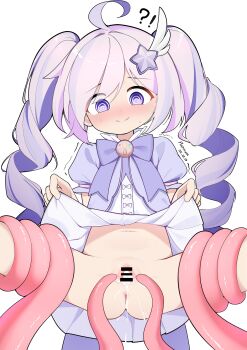 1girl @_@ absurdres ahoge bar_censor blue_archive blush bow bowtie censored chinese_commentary clothes_lift commentary_request dress dress_lift hair_ornament highres loli multicolored_hair navel official_alternate_costume platinum-mix purple_eyes purple_hair pussy reisa_(blue_archive) reisa_(magical)_(blue_archive) short_sleeves simple_background solo star_(symbol) star_hair_ornament tentacles twintails variant_set white_background