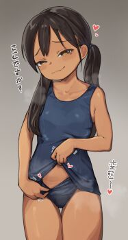 1girl black_hair blush clothes_lift dark-skinned_female dark_skin driftingtiger heart lifting_own_clothes long_hair looking_at_viewer mesugaki naughty_face navel original school_swimsuit smile solo steaming_body swimsuit swimsuit_lift teasing translation_request twintails yellow_eyes