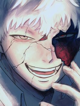 1boy arm_up collared_shirt colored_skin commentary_request cracked_kawaii_mask cracked_skin grey_eyes highres hikaru_ga_shinda_natsu indou_hikaru looking_at_viewer male_focus mismatched_eyes n7ko_art open_mouth portrait shirt short_hair smile solo teeth white_hair white_shirt wing_collar