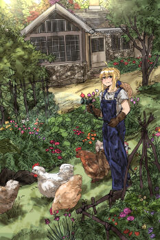 Rule 34 | 1girl, absurdres, ahoge, artoria pendragon (fate), bird, blonde hair, blue overalls, bush, chicken, commentary, dhamca, english commentary, fate/stay night, fate (series), flower, garden, gloves, grass, hat, highres, holding, holding hose, hose, house, looking at viewer, mixed-language commentary, orchard, outdoors, overalls, saber (fate), shirt, solo, standing, straw hat, tree, white shirt