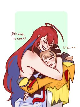 2girls absurdres ahoge animal_ear_hood arms_around_neck backless_outfit black_dress blue_hair blush brown_hair closed_eyes colored_inner_hair comforting commentary dress elizabeth_rose_bloodflame elizabeth_rose_bloodflame_(1st_costume) english_commentary english_text fake_animal_ears gigi_murin gigi_murin_(1st_costume) green_background halterneck highres hololive hololive_english hood hooded_shrug hoodie hug huge_ahoge long_hair multicolored_hair multiple_girls orange_hood orange_hoodie orange_shrug red_eyes red_hair rikolyco_pene scared see-through_clothes see-through_dress sharp_teeth shirt short_hair short_twintails shrug_(clothing) simple_background single_tear straight_hair teeth twintails two-tone_hair upper_body very_long_hair virtual_youtuber white_background white_dress white_shirt