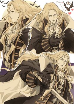 ! 1boy alucard_(castlevania) ascot bat_(animal) black_cape black_coat black_gloves blonde_hair cape castlevania_(netflix) castlevania_(series) closed_mouth coat collared_shirt fighting_stance gloves gold_trim holding holding_sword holding_weapon long_coat long_hair male_focus multiple_views ocomor3 parted_bangs parted_lips shirt solo spoken_exclamation_mark sword two-sided_cape two-sided_fabric upper_body vest waistcoat wavy_hair weapon white_ascot white_background white_cape white_shirt yellow_eyes