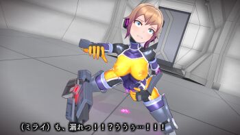 1girl 3d agent_mirai blender_(medium) blue_eyes blush bodysuit breasts brown_hair clenched_teeth covered_erect_nipples gun highres impossible_bodysuit impossible_clothes large_breasts latex mind_control mirai_(agent_mirai) multicolored_hair nipples object_insertion personality_excrement pussy_juice rolling_eyes sex_toy short_hair skin_tight solo teeth umaaji_lady_mk2 weapon