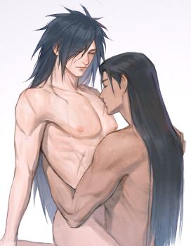 2boys aged_down anal black_hair closed_eyes completely_nude couple happy_sex highres kissing_pectoral lips long_hair male_focus mature_male mdun1028 multiple_boys naruto_(series) naruto_shippuuden nipples nude pectorals senju_tobirama sitting sitting_on_lap sitting_on_person sweat tan toned toned_male uchiha_madara yaoi