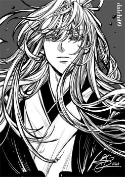 Rule 34 | 1boy, :|, closed mouth, commentary, dalchi09, english commentary, greyscale, hair ribbon, kyrgios rodgraim, long hair, long sidelocks, looking at viewer, male focus, monochrome, narrowed eyes, omniscient reader's viewpoint, ribbon, robe, sidelocks, solo, upper body, wind, wind lift