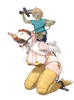 1boy 1girl absurdres age_difference animal_hood aqua_shirt arms_behind_back ball_gag barefoot bdsm bikini blindfold blue_shorts bodypaint bondage bound breasts chain chicken_costume chicken_jockey chicken_jockey_(meme) commentary cosplay cuffs english_commentary gag gagged gold_bikini green_eyes hanging_breasts highres holding holding_leash holding_sword holding_weapon hood huge_breasts kneeling leash meme minecraft minecraft_sword onee-shota remote_control_vibrator riding_person sex_toy shackles shirt short_sleeves shorts shota shotadom side-tie_bikini_bottom simple_background sweat swimsuit sword thighhighs trembling vibrator vibrator_in_thighhighs wass_nonnam weapon white_background yellow_thighhighs zombie_(minecraft) zombie_(minecraft)_(cosplay)