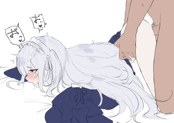 1boy 1girl absurdres anger_vein dera_self doggystyle dress furrowed_brow grey_hair headdress highres long_hair long_sleeves mahou_shoujo_no_majo_saiban natsume_an-an penis purple_dress sex sex_from_behind sheet_bite speech_bubble tearing_up top-down_bottom-up torso_grab translation_request very_long_hair